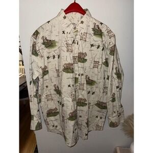 Bimini Bay Outfitters Wildlife Map Yellowstone Button Up Shirt -‎ Men's Large